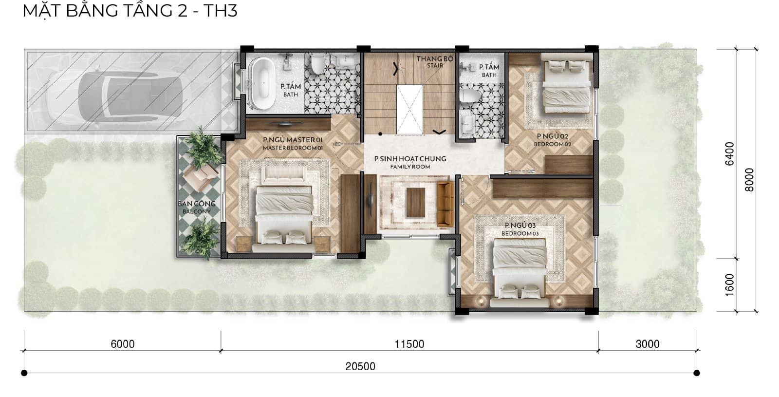Mặt bằng tầng 2 TH3